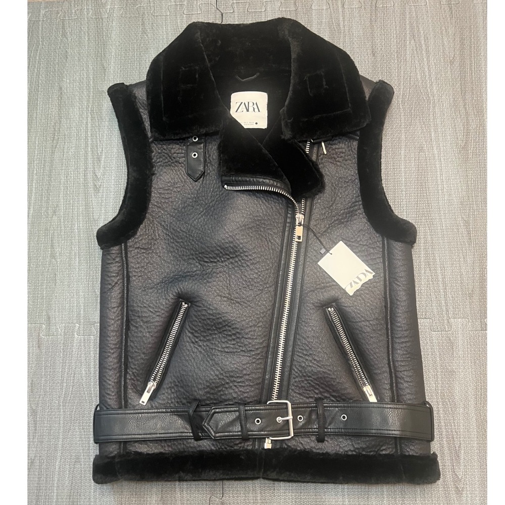 Zara Womens Double Faced Faux Leather Biker Gilet Vest Black‎ Small NWT